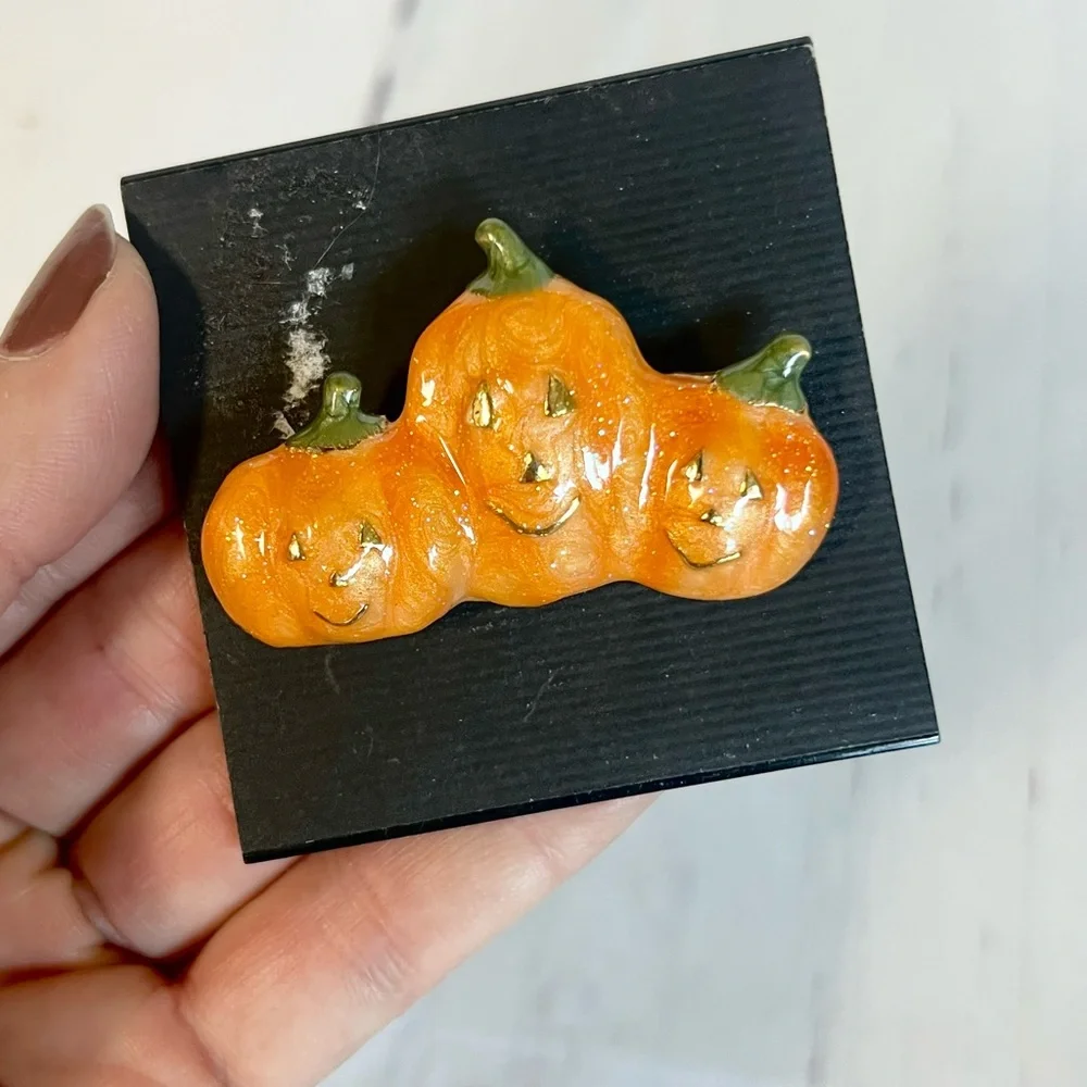 Vintage Halloween Pumpkin Brooch Pin Set Enamel Jack O Lantern Fall